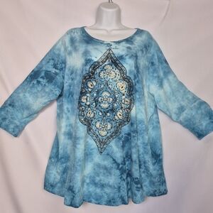 Lucky Brand Blue Tie-Dye Embroidered Medallion Tunic